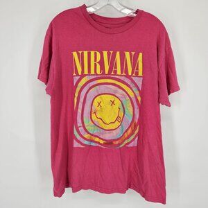 Nirvana Shirt Mens Large Pink Multicolor Smiley Face Band Tee Grunge Rock Music